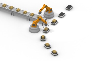 ロボットとコンベヤーベルトによる自動化された産業製造・物流システム：効率的な搬送と生産性向上を実現する未来の工場