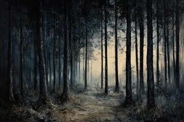 Obraz premium Mysterious forest pathway illuminated by soft light in the early morning fog, forest in the woods
