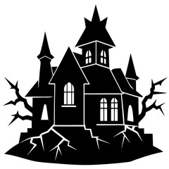 Scary mansion with lightning strike silhouette vector illustration