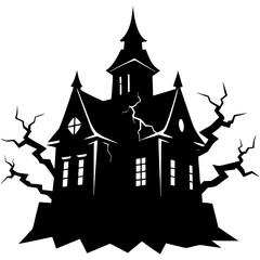 Obraz premium Scary mansion with lightning strike silhouette vector illustration