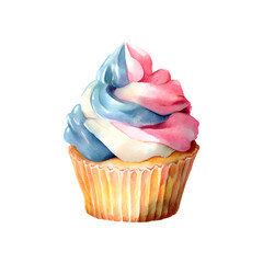 A colorful watercolor cupcake with layers of blue, white, and pink frosting sits isolated against a clean white background, perfect for dessert lovers.