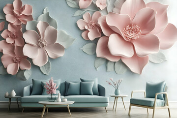Elegant 3D Flower Wall Mural in Soft Pastel Living Room Decor