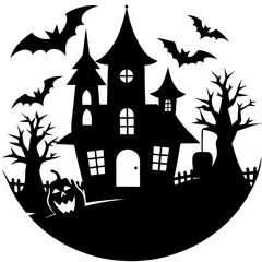 Trick or treat at haunted house silhouette vector illustration