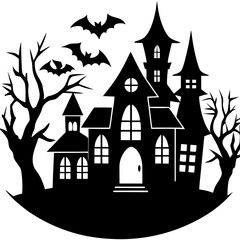 Trick or treat at haunted house silhouette vector illustration