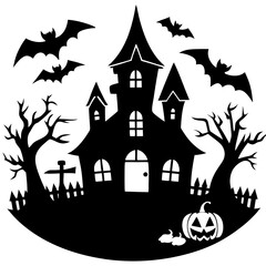 Trick or treat at haunted house silhouette vector illustration