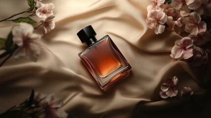 A high-end designer fragrance bottle placed elegantly on silk fabric, with delicate floral elements around,