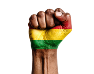 A clenched fist with the colors of a flag painted on it against a transparent background highlighting solidarity and power. The fist showcases a vibrant display with a symbolic representation.