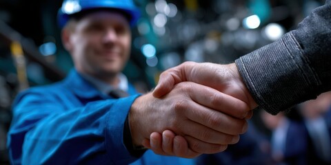 Business professionals engage in handshake during meeting at industrial facility in the afternoon