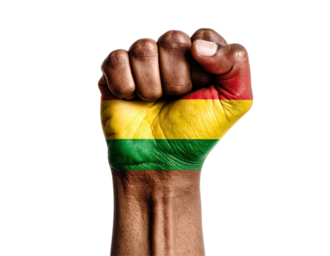 A clenched fist with the colors of a flag painted on it against a transparent background highlighting solidarity and power. The fist showcases a vibrant display with a symbolic representation.
