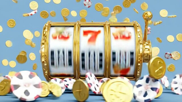 Golden slot machine with spinning reels, jackpot sevens, flying coins and chips on blue background