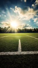 Obraz premium Football field green grass under bright sun with clouds and sky background