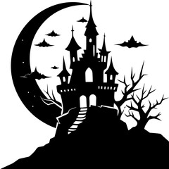 Full moon behind haunted castle silhouette vector illustration