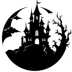 Full moon behind haunted castle silhouette vector illustration
