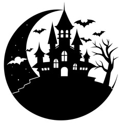 Full moon behind haunted castle silhouette vector illustration