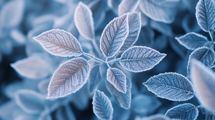 Frosty Leaves Close-Up with Frost and Ice in Beautiful Detail