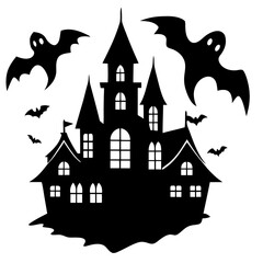 Ghosts flying over spooky mansion  silhouette vector illustration