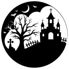  Halloween night with foggy graveyard silhouette vector illustration
