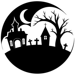  Halloween night with foggy graveyard silhouette vector illustration