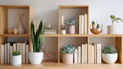 Zoom Background Image - Elegant Wooden Shelves with Succulents and Books for Zoom Backgrounds