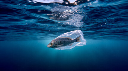 Plastic trash. Conceptual image of fish and plastic. Plastic pollution of the ocean, ecological crisis. Say no to plastic. Single-use plastic waste