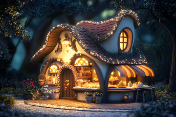 Obraz premium Enchanting Fairy Tale Cottage with Lights and Delights at Night