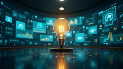 Illuminated Light Bulb in a Digital Command Center Surrounded by Holographic Graphs and Futuristic User Interface Screens