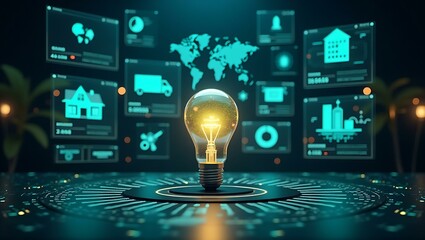 Golden Light Bulb Surrounded by Global Data Visualizations with World Map and Smart City Analytics