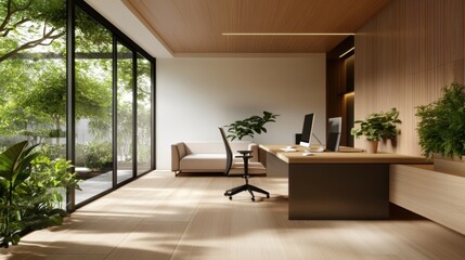 Fototapeta premium A minimalist professional office with neutral tones, open seating and warm natural light creates a productive atmosphere