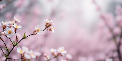 Soft focus spring blossoms, muted tones, minimalist landscape, ethereal bloom, blurred, peaceful