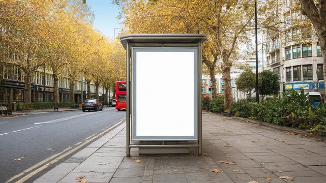Blank billboard at bus stop with red double-decker bus on autumn city street with fallen leaves