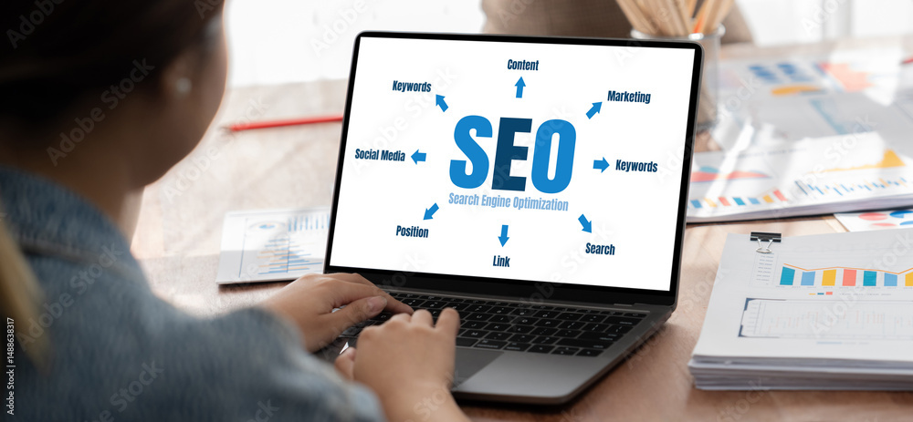 Aufkleber SEO search engine optimization for brisk e-commerce and online retail business showing on computer screen