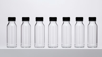 Seven clear glass bottles with black caps, arranged in a row on a white shelf.