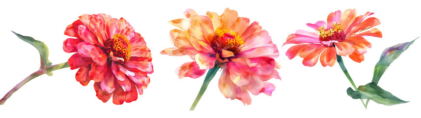 Fototapeta premium Set of flower, Zinnia in watercolor style isolated on a transparent background.