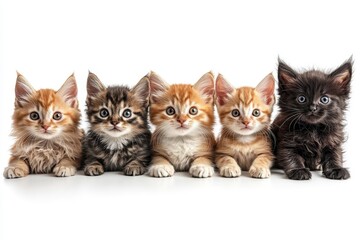 Group of adorable playful kittens in various colors sitting together indoors during daylight