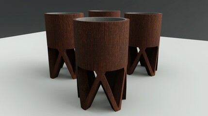 Four cylindrical wooden planters with triangular legs and a central opening.