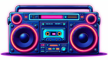 Fototapeta premium Retro boombox with cassette tape player glowing in neon colors, vibrant and energetic style cartoon illustration