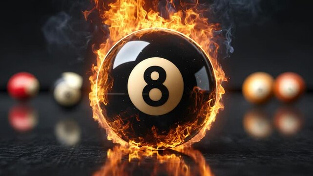 Black 8-ball on fire with glowing flames and smoke surrounded by blurred billiard balls on dark table