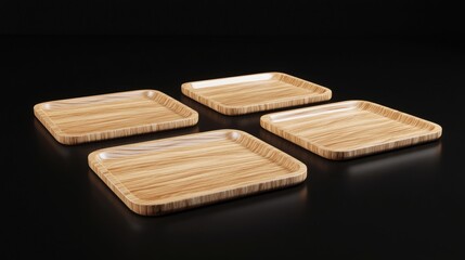 Four square wooden serving trays with a light brown wood grain pattern.