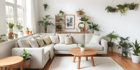Obraz premium A beautifully arranged living room features a cozy sofa with decorative pillows, a round wooden table, and various houseplants