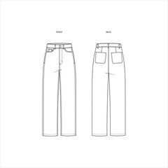 Women's Technical Flat Sketch &mdash; Unisex High-Waisted Jeans with Front & Back Views and Pockets