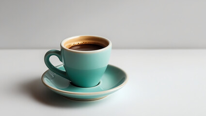 Teal coffee cup with espresso on a white table