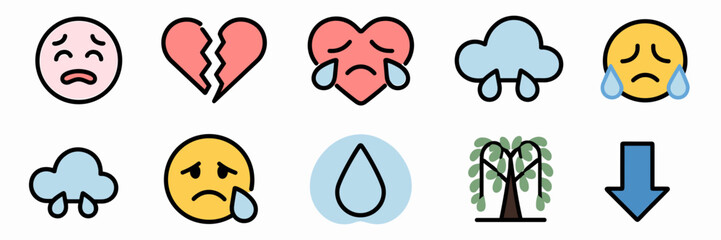 Naklejka premium Sadness icon sheet with crying faces, broken heart, and tear symbols – Great for mental health content, emotional expression design, or therapy resources.