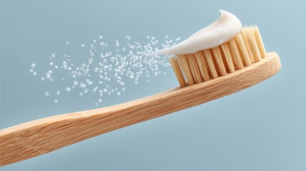 Natural toothbrush with toothpaste and water droplets
