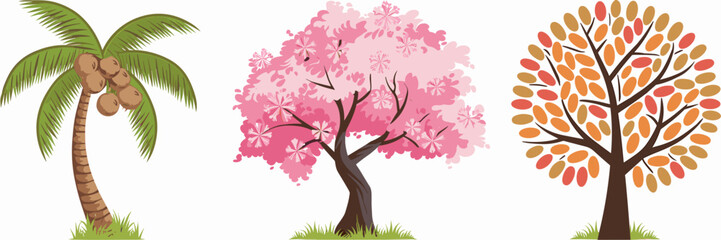 Fototapeta premium Summer tree icons with palm, cherry blossom, and orange foliage – Perfect for travel themes, tropical branding, or summer merchandise