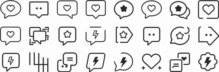 Icon sheet of various shaped speech bubbles with symbols – Great for communication themes, messaging app designs, or expressive graphic elements.