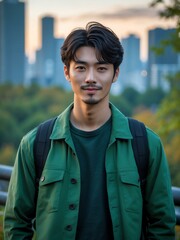 attractive young japanese guy in green casual wear portrait on city forest morning background, facing front and slightly smiling