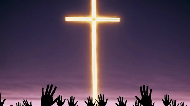 Silhouetted hands raised in worship beneath a glowing cross at dusk. Low-angle shot emphasizes spiritual devotion. Ideal for a religious video theme.