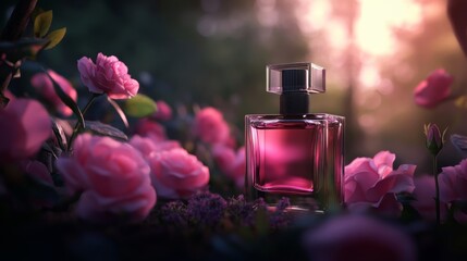 A premium perfume bottle among blooming roses, bathed in soft, dreamy lighting,