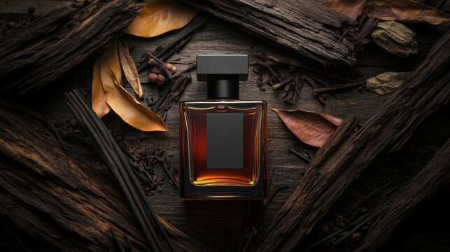 A premium fragrance bottle surrounded by exotic oud wood and incense, highlighting a rich and woody aroma,