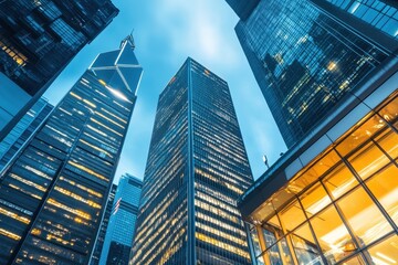 Fototapeta premium Modern urban skyline at night showcasing architectural beauty and vibrant city lights, City downtown night view Modern urban architecture and high skyscrapers of Hong Kong financial center